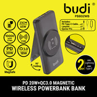 BUDI 10000mAh PD20W+QC3.0 Magnetic Wireless Power bank 15W wireless charger 23CM PD65w C-C cable - PB802WB