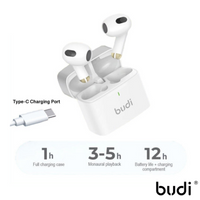 Budi BT5.3 True Wireless Stereo - Earphone battery:35 mAh - Charging Pad:230mAh - Standby Time:12H - EP17
